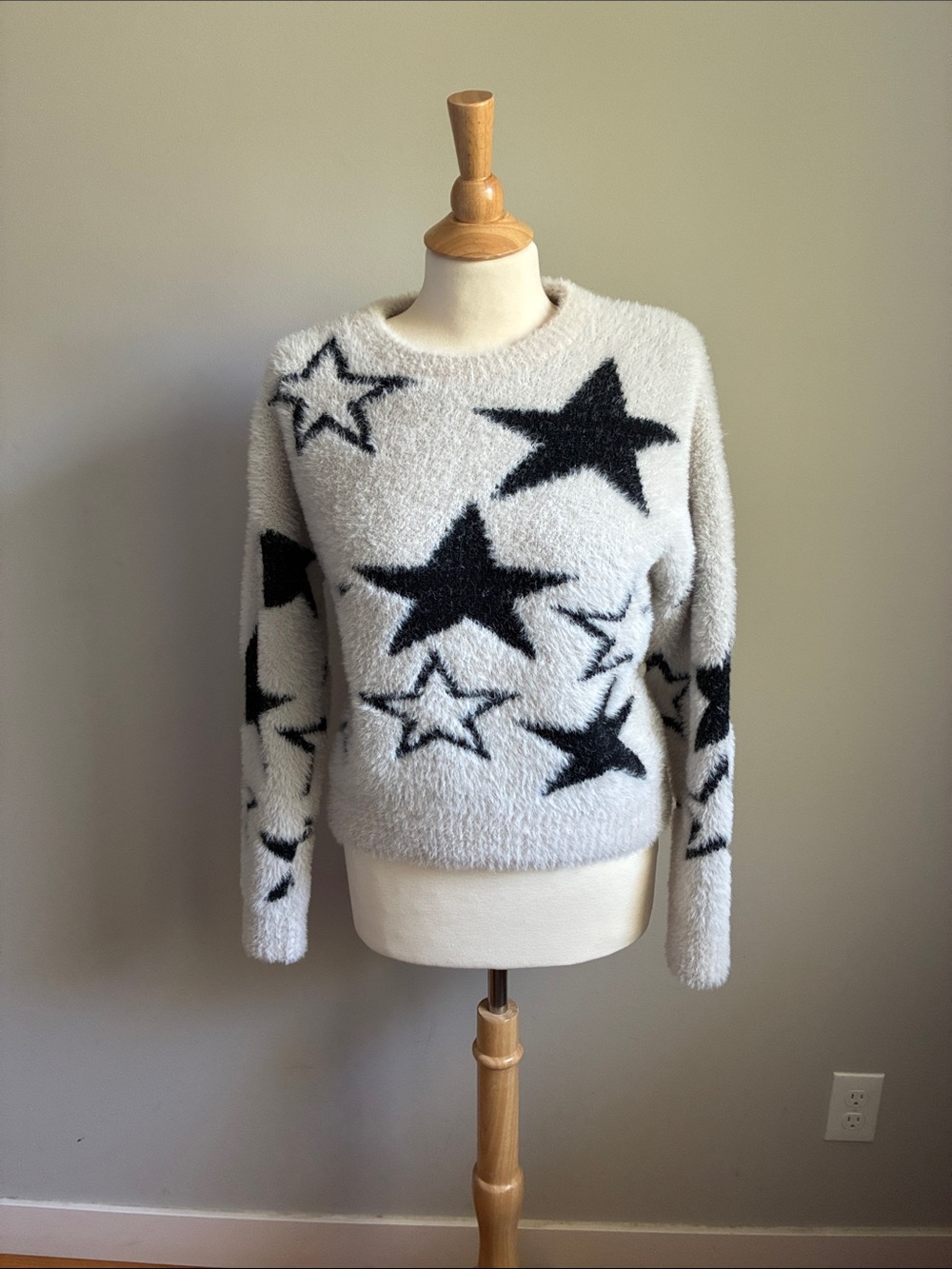Pilcro White Fuzzy Crewneck Sweater with Black Star Print